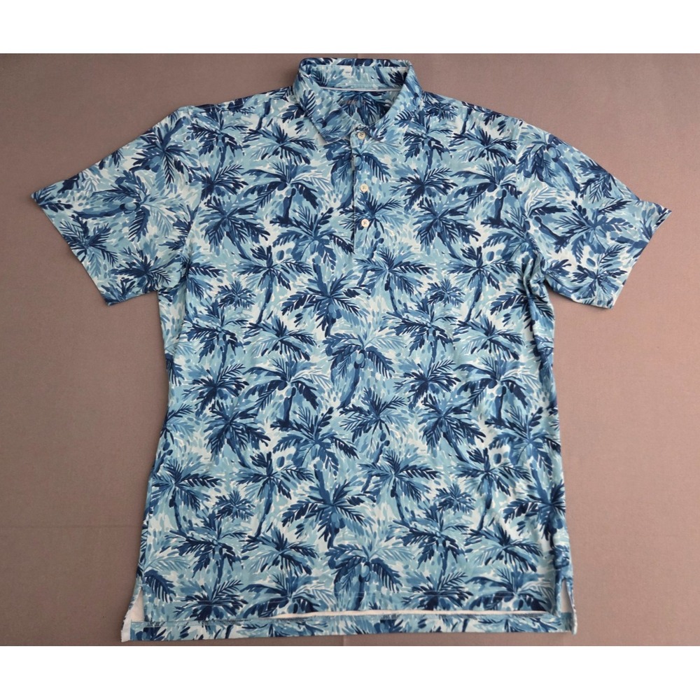Johnnie-O Shirt Mens Large Blue White Palm Tree Print Golf Performance Polo